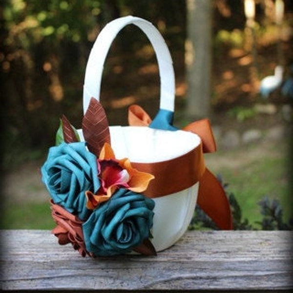 Ivory/White Flower Girl Basket-Copper Ribbons/Teal,Terracotta Roses/Burnt Orange/ Orchid Faux Flowers,3 Sz Baskets Available