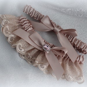 Romantic Blush Embroidered Lace Garter Set Blush/Vanilla Satin-Toss Garter-Satin Bows-Pink Rhinestone Accent