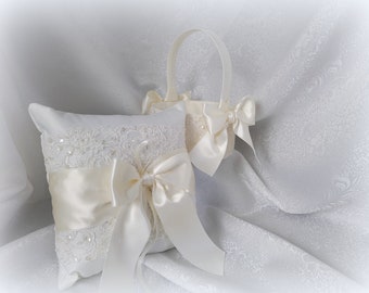 Ivory Satin Flower Girl Basket/Ring Bearer Pillow-Covered with Pearls and Sequin Lace and Ivory Swiss Satin Ribbon-Age 3-5-Only 1 Available