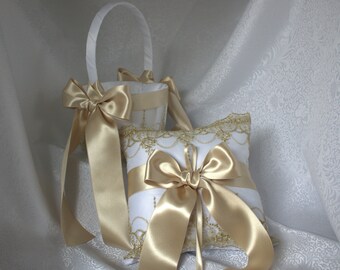 White Flower Girl Basket/Pillow- Gold Embroidered Lace, Gold Deluxe Satin Ribbons- Rhinestone Bling-Age Up 4-7-READY TO SHIP