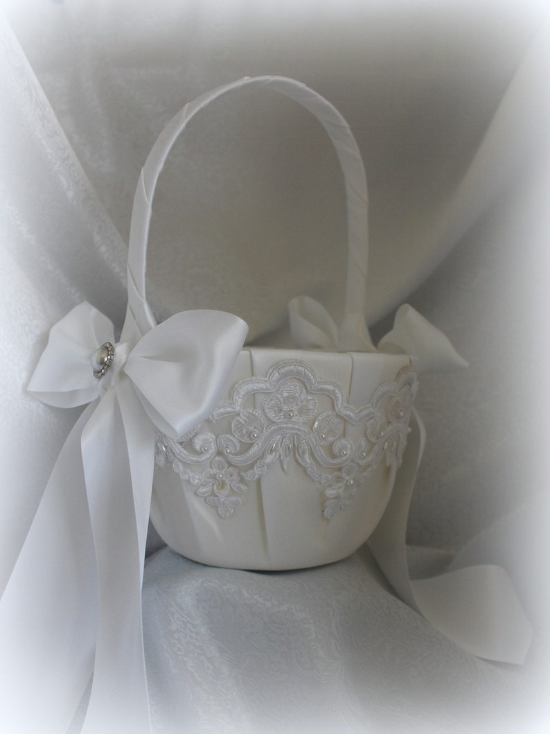 White/ivory Satin Flower Girl Basket With White Pink Mint Etsy