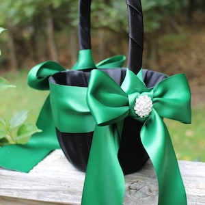 Black Satin Flower Girl Basket with Forest Green Satin Sash and Bow - Rhinestone Cluster Accents-Age 4-7
