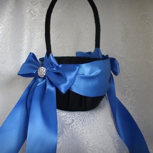Black Satin Flower Girl Basket with Royal Blue Satin Sash and Bow - Rhinestone Cluster Accents-Age 4-7