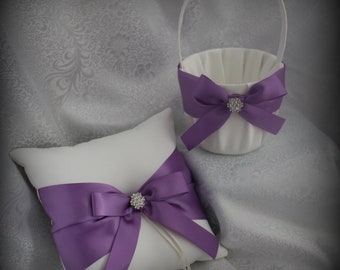 White/Ivory Flower Girl Basket Ring Bearer Pillow-Grape/ Lt. Purple/ Satin Ribbons Rhinestone Bling-Custom Colors- U-Pick Pieces-To age 5