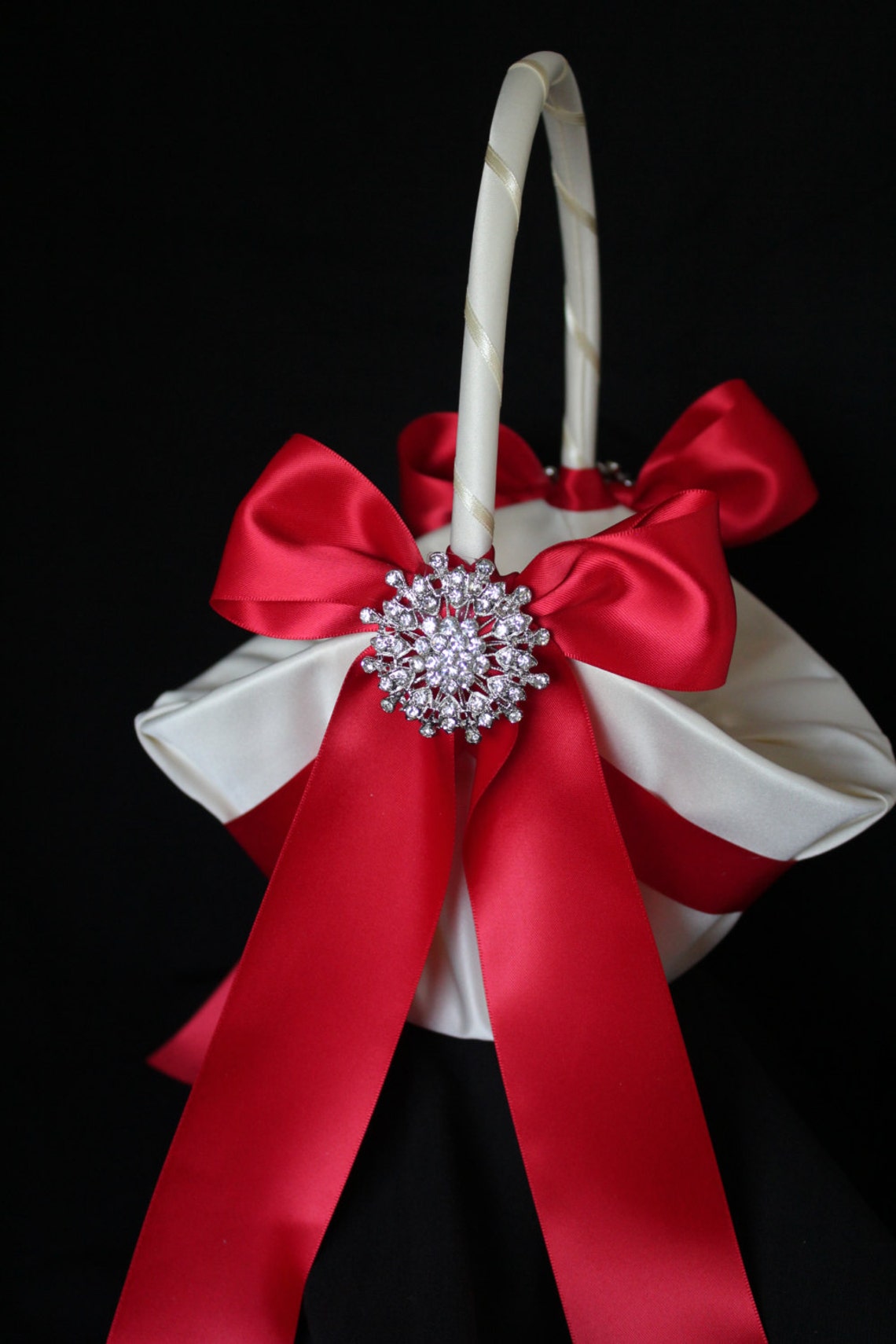 Ivory Satin Flower Girl Basket RED Satin Ribbon and 2 Etsy
