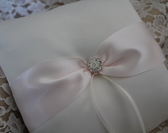 White, Ivory or Off White Ring Bearer Pillow with Pale Pink Satin Ribbon- Rhinestone Embellishment-