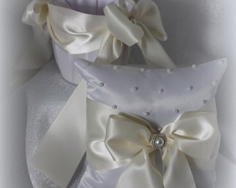 White Flower Girl Basket and Ring Bearer Pillow-Ribbon color Antique White/Ivory -Pearl Bling-Custom Ribbon Colors- U-Pick Pieces-To age 5