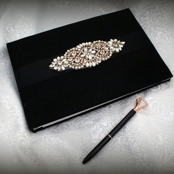 Black Wedding Guestbook with Pen-Rose Gold Rhinestone and Pearl Applique, Satin Ribbon, Black Pen with Rose Gold and Crystal Top