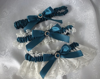 CREATE YOUR LOOK-White or Ivory Lace and Teal Garters