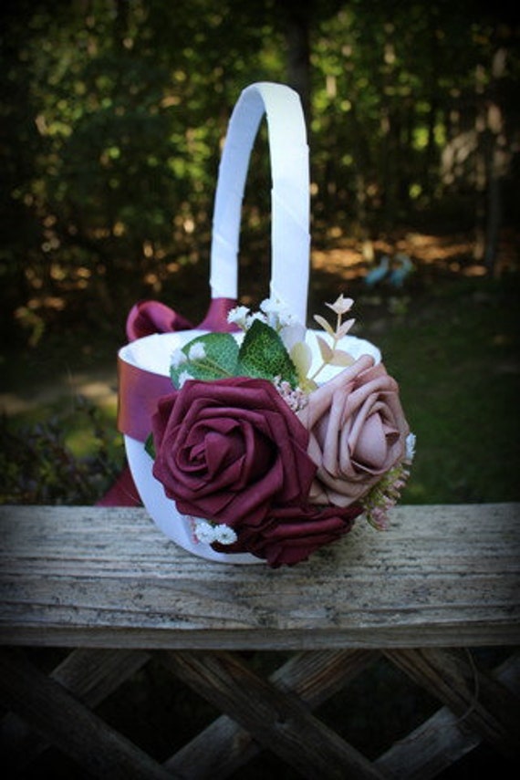 Ivory or White Satin Flower Girl Basket rose Wine Satin Ribbons