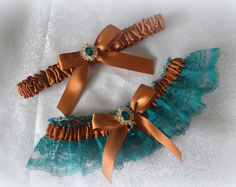 Teal/White/Ivory Lace with Copper/Rust/Ginger Satin Garter Set-Rhinestone Accent/ Prom Garter/Wedding Garter