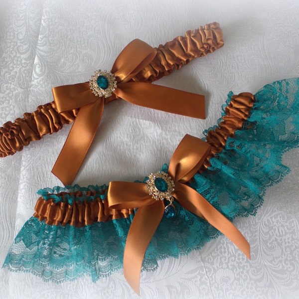 Teal/White/Ivory Lace with Copper/Rust/Ginger Satin Garter Set-Rhinestone Accent/ Prom Garter/Wedding Garter