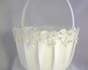 XLarge-White or Ivory Flower Girl Basket - 3D Embroidered Trim with Pearls-Girls Age 8+ years