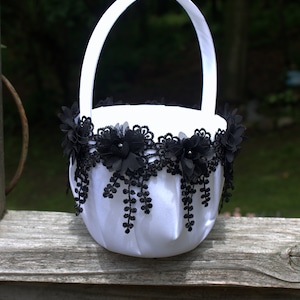 Ivory/White Flower Girl Basket-Chiffon Flowers Pearls and Free Hanging Lace Trim, - Black-Age 2-4
