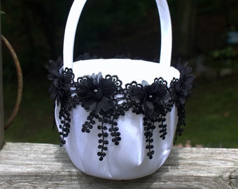 Ivory/White Flower Girl Basket-Chiffon Flowers Pearls and Free Hanging Lace Trim, - Black-Age 2-4