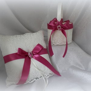 White Flower Girl Basket/Pillow-Delicate Embroidered Lace Raspberry Satin Ribbon Rhinestone Bling-Custom Colors-Age 3-5-READY TO SHIP