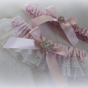 White/Ivory Lace/ Organza and Pale Pink Satin Garter Set with Bows and Rhinestone Embellishment