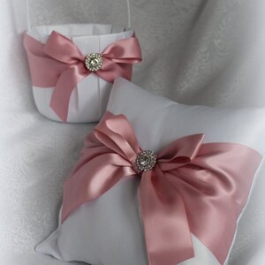 Ivory/White Flower Girl Basket/Ring Pillow-Dusty Pink/Mauve/Quartz Satin Ribbons-Bling-Custom Ribbon Colors-U-Pick Pcs-Age to 5
