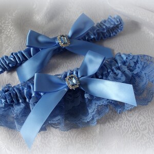 Porcelain Blue Satin and Matching Lace Garter Set/Wedding/Prom-Includes Toss Garter- Rhinestone Accent with Bows