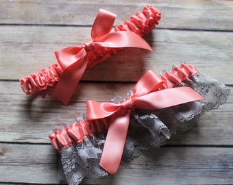 Light Coral and Gray Lace Garter with Bows-No Bling- Custom Colors Available