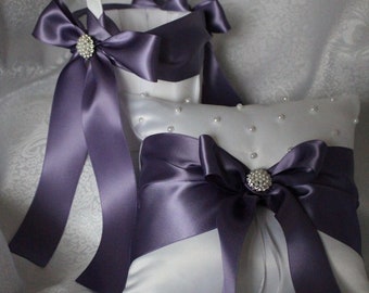 White Flower Girl Basket and Ring Bearer Pillow-Ribbon color Hyacinth/Purple/Lavender Pearl Bling-Custom Ribbon Colors-U-Pick Pcs-To age 5