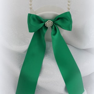 IVORY or White Satin Flower Girl Basket with Emerald Green Satin Ribbon and Pearl and Rhinestone Accent-Age to 4-7
