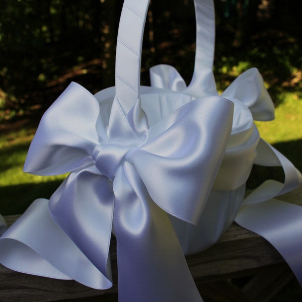 White Flower Girl Basket with White Deluxe Ribbons/Bow and Basket with White Deluxe Ribbon-Age to 5