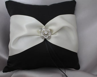 Black/Navy/Plum/Silver/Burgundy Ring Bearer Pillow with Ivory or White Satin Ribbon- Rhinestone Embellishment-U Pick Color