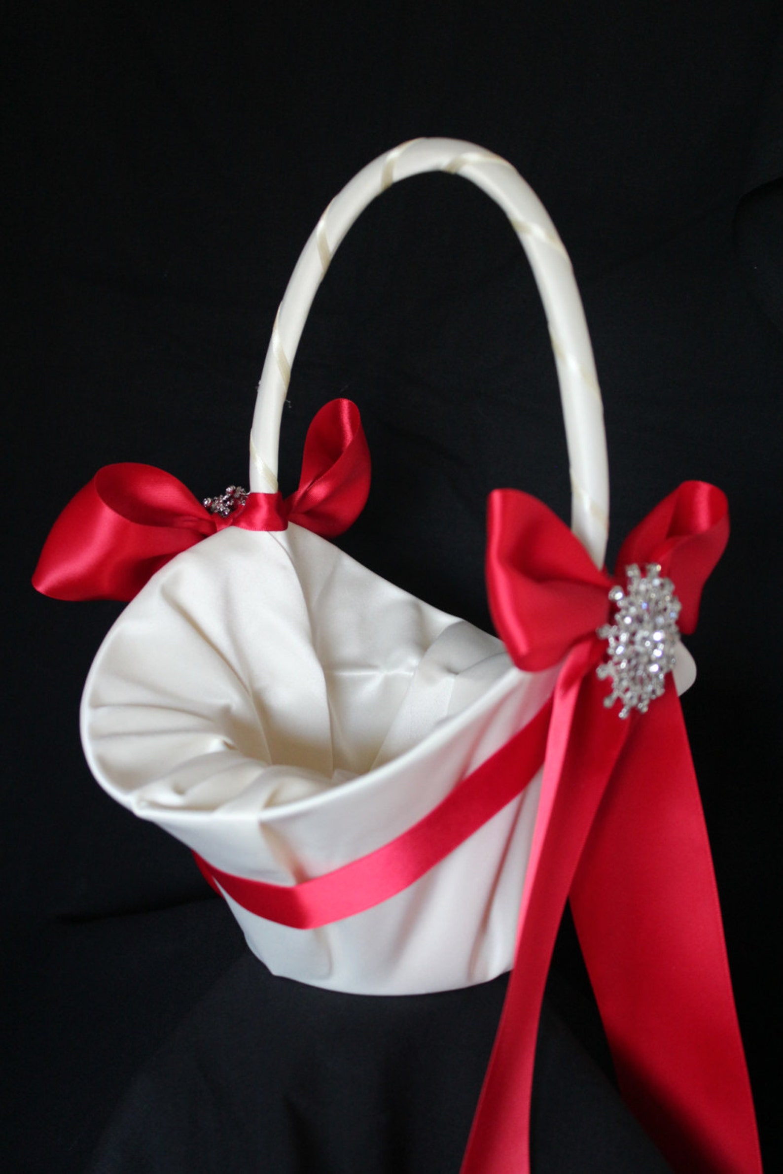 Ivory Satin Flower Girl Basket RED Satin Ribbon and 2 Etsy
