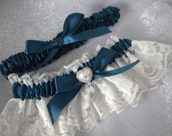 White or Ivory Lace and Teal Garters-Gold and Pearl Heart or Teardrop and Rhinestone Accent with Waterdrop