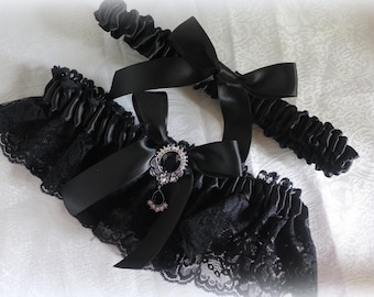 Wedding Garter-Black Nottingham Lace and Black Satin with Black Satin Toss-Satin Bow and Black and Rhinestone  Accent