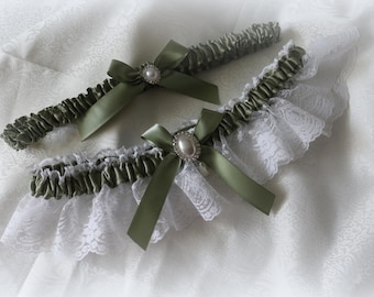 PLUS SIZE-Sage/Soft Pine and  4" Wide Lace Garter Set-Includes Toss Garter- Rhinestone and Pearls-
