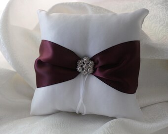 MINI- 7 x 7" White/Ivory/Black/Navy/Off White Ring Bearer Pillow-Burgundy Satin Sash with  Rhinestone Bling