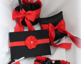 XL Black Flower Girl Basket -Red Satin Ribbons, Red or Black Ring Bearer Pillow-Age 8 to Adult