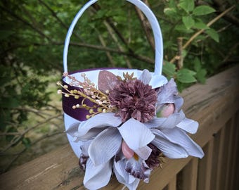White Satin Flower Girl Basket-Gray/Silver Cymbidium Orchids/lEggplant/Plum Satin Ribbons, Eggplant Accent Leaves and Flowers-Age 2-4