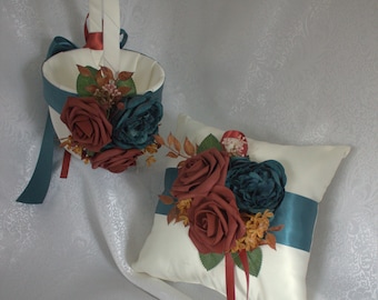 Ivory/White Satin Flower Girl Basket/Ring Pillow-Teal/Rust/Terracotta-Faux Flowers -3 Size Baskets