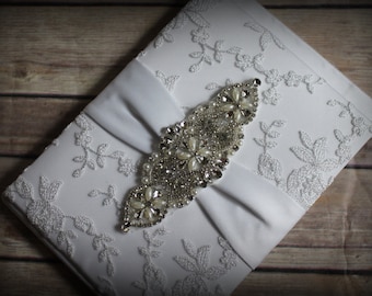 White Embroidered Guestbook with Pen- Rhinestone and Pearl Applique