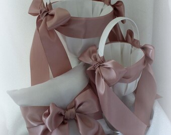 White/Ivory Flower Girl Basket and Ring Bearer Pillow with Antique Mauve Ribbons-Age to 5