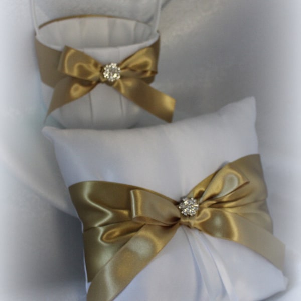White/Ivory Flower Girl Basket Ring Bearer Pillow-Gold Deluxe Satin Ribbons Rhinestone Bling-Custom Ribbon Colors- U-Pick Pcs-Age to 4