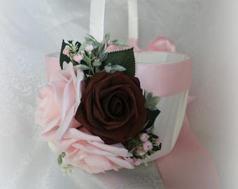 White or Ivory Flower Girl Basket with Light Pink Ribbon and Faux Roses in Light Pink and Chocolate Brown. 3 size baskets Available
