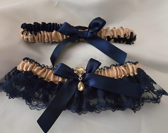 Navy Lace Champagne Gold Satin Garter Set-Includes Toss Garter-Navy  Bows, Gold Champagne Heart with Teardrop Crystal -Wedding, Prom Garter