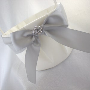 Large-Ivory/White Flower Girl Basket Light Silver Satin Ribbon/Bow with Rhinestone Bling-Age 8+