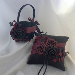 Black and Burgundy/Flower Girl Basket/ Ring Bearer Pillow-Faux Flowers, Black Burgundy Accents/Gothic Wedding/Black Burgundy Wedding