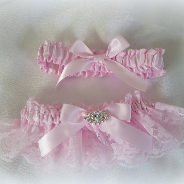 Romantic Lace Garter Set Ice Pink/Pale Pink-Includes Toss Garter-Satin Bows Rhinestone Embellishment-Custom Ribbon Colors Available