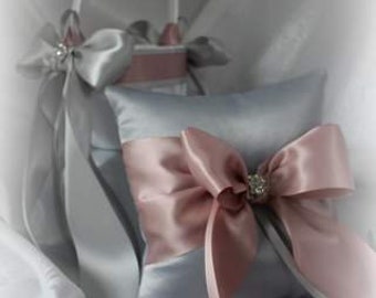 White or Ivory Flower Girl Basket/Silver Ring Bearer Pillow-Blush and Silver Satin Ribbons-Age  4-7