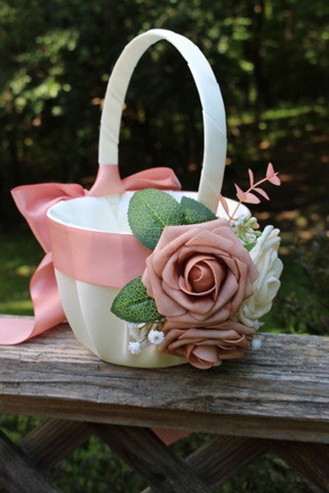 Ivory or White Satin Flower Girl Basket-Sweet Nectar Satin image 1