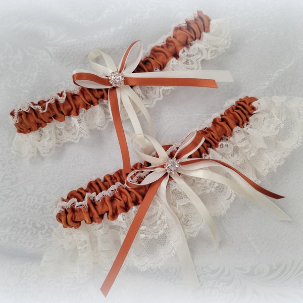 Ivory or White Lace-Copper Satin/Burnt Orange/Terracotta Satin Garter Set/Wedding/Prom Garter with Bows and Rhinestone Embellishment