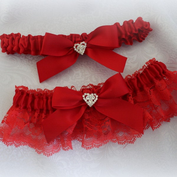 White/Ivory/Black/Gray/Red Lace Garter Red Satin Accent -Rhinestone Heart Accent-Valentine/Christmas Wedding/Prom -Custom Colors