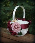 Ivory or White Satin Flower Girl Basket-Rose Wine Satin Ribbons/Wine and Mauve Faux Roses -Small Accents/Greenery-3 Size Baskets Available