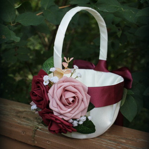 Ivory or White Satin Flower Girl Basket-Rose Wine Satin Ribbons/Wine and Mauve Faux Roses -Small Accents/Greenery-3 Size Baskets Available